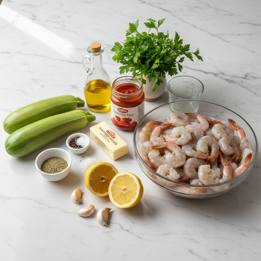 skillet-lemon-garlic-butter-shrimp-and-zucchini-ingredients Fresh ingredients for skillet lemon garlic butter shrimp and zucchini recipe.