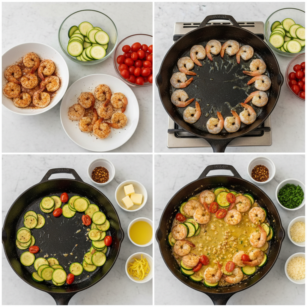 skillet-lemon-garlic-butter-shrimp-and-zucchini-prep Sizzling skillet lemon garlic butter shrimp and zucchini cooking with vibrant colors.