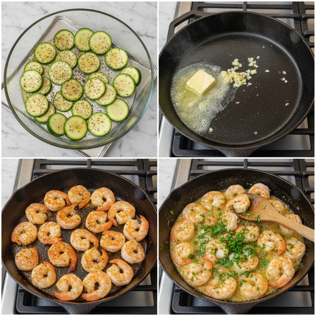 skillet-lemon-garlic-butter-shrimp-and-zucchini-prep Sizzling skillet lemon garlic butter shrimp and zucchini cooking.