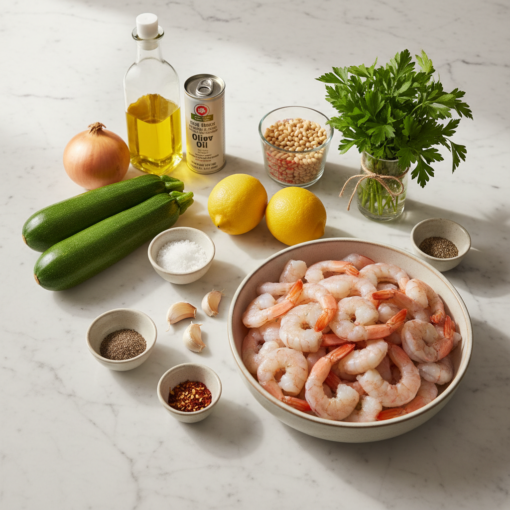skillet-lemon-garlic-shrimp-and-zucchini-ingredients Fresh ingredients for skillet lemon garlic shrimp and zucchini, including plump shrimp, bright zucchini, zesty lemons, and aromatic garlic.