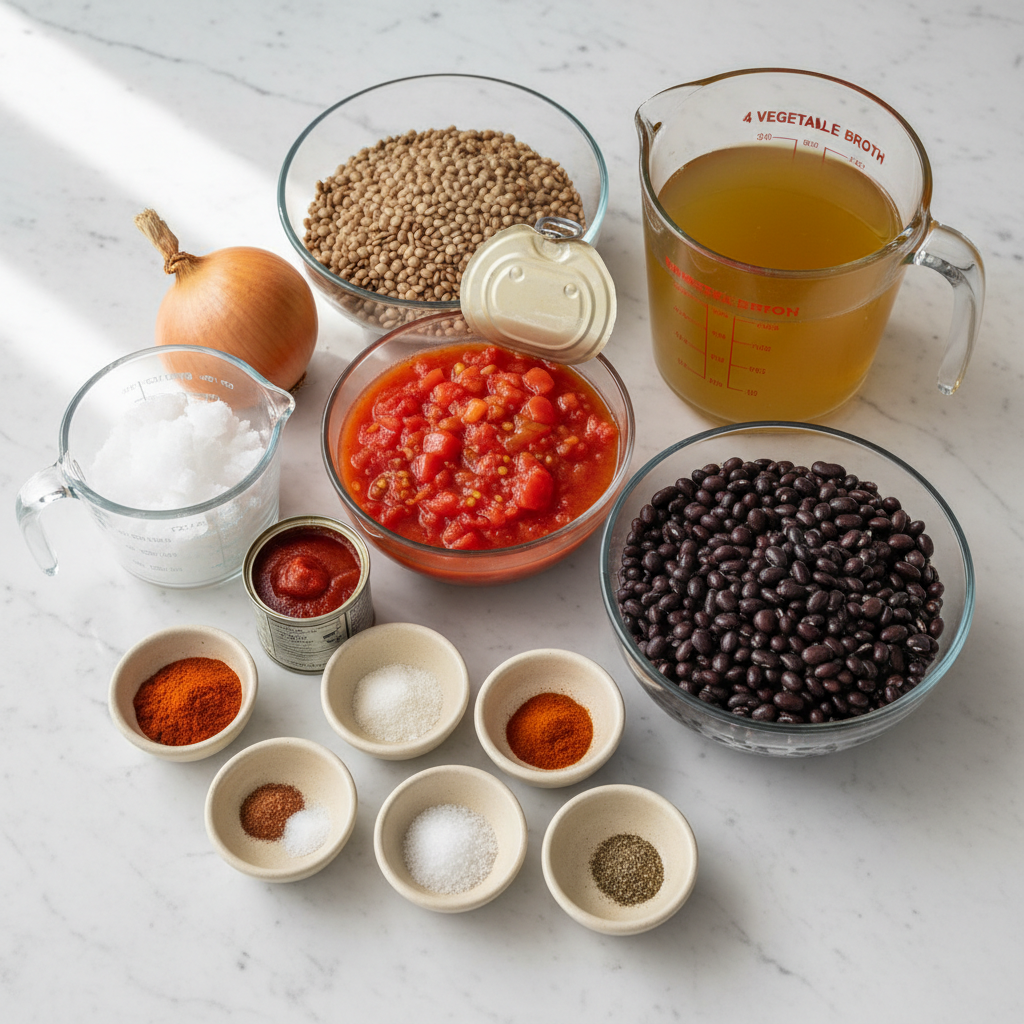 slow-cooker-mediterranean-lentil-chili-ingredients A vibrant assortment of fresh ingredients for slow cooker mediterranean lentil chili, including colorful bell peppers, onions, garlic, and earthy lentils.