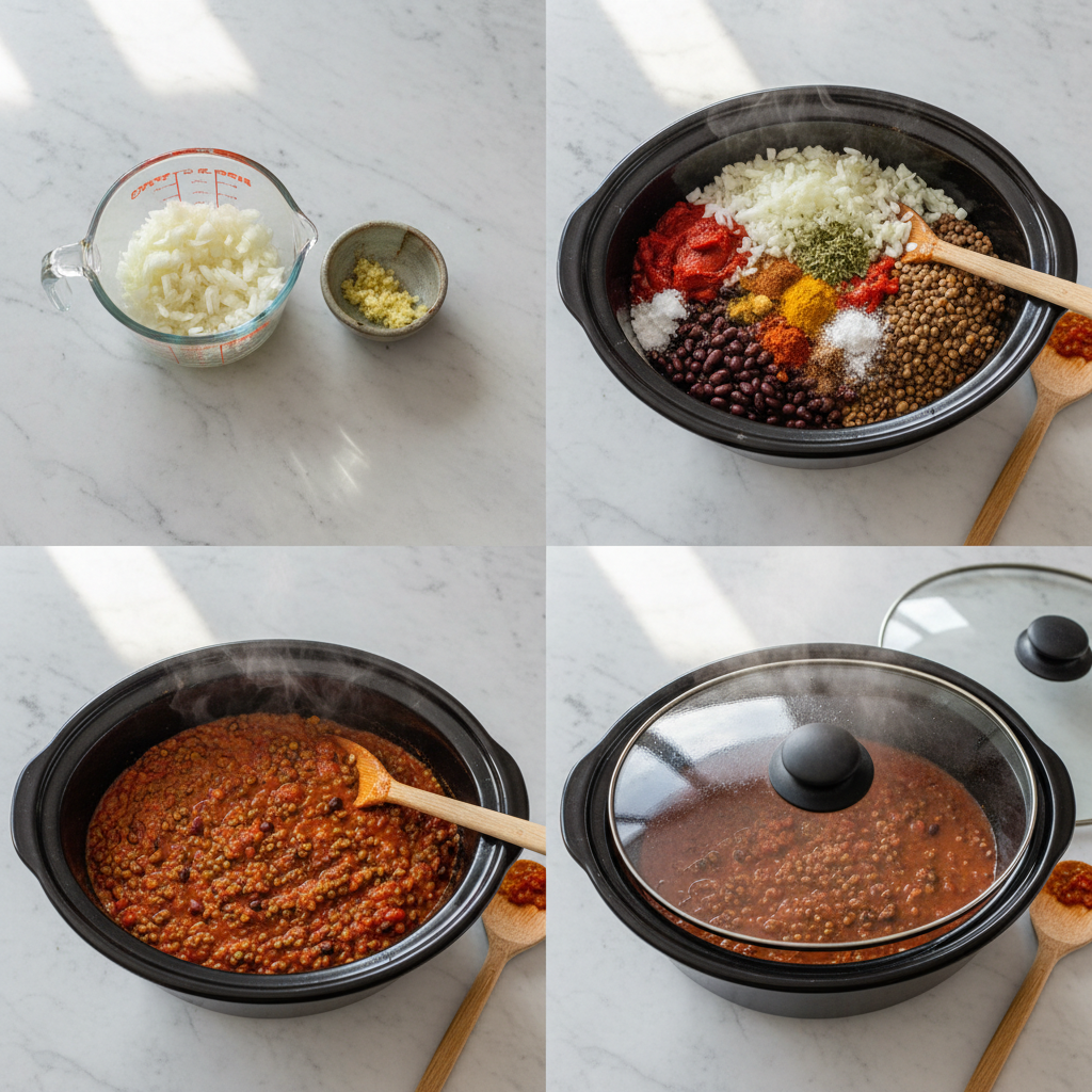 slow-cooker-mediterranean-lentil-chili-prep Chopped vegetables and seasoned lentils being added to a slow cooker for mediterranean lentil chili.