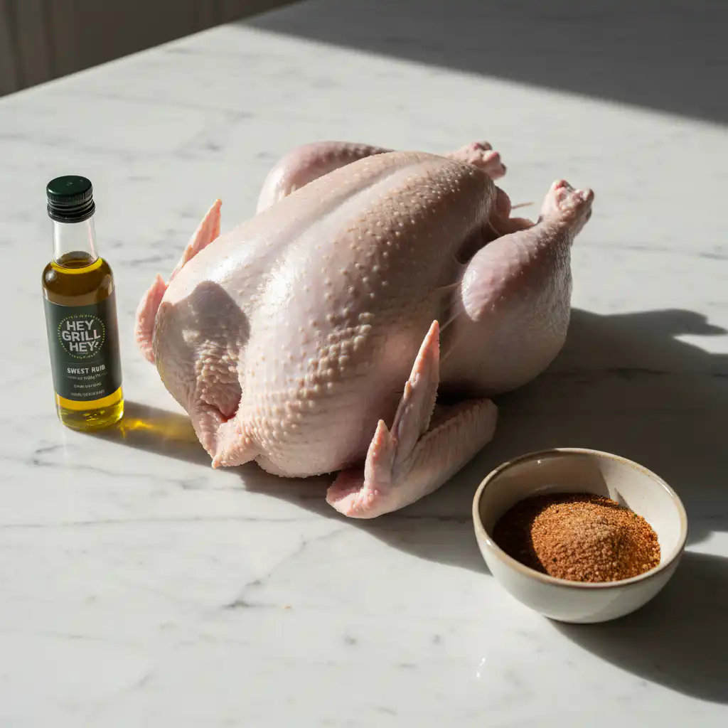 A fresh, whole turkey ready for smoking, seasoned with herbs for an easy Thanksgiving.