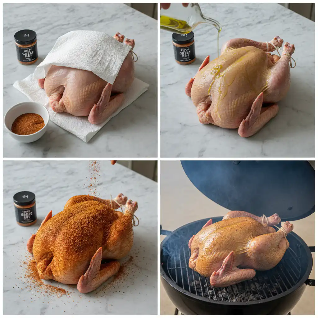A seasoned turkey being placed into a smoker for an easy Thanksgiving meal.