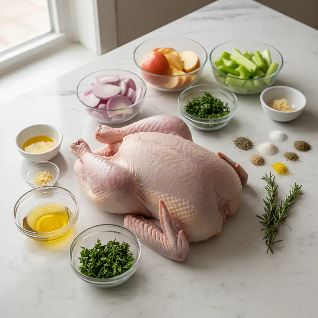 spatchcock-turkey-recipe-easy-thanksgiving-ingredients Fresh ingredients laid out for an easy Thanksgiving spatchcock turkey recipe, including herbs, butter, and citrus.