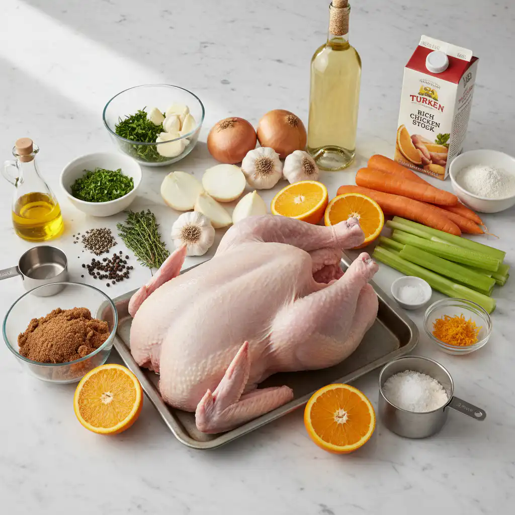Pile of fresh ingredients for spiced orange rosemary glazed turkey thighs, including oranges, rosemary, and spices.