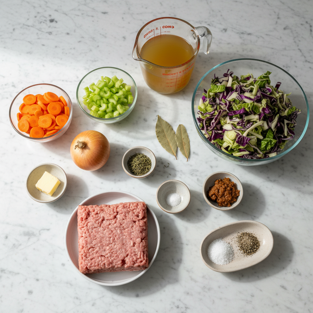 stuffed-cabbage-soup-ground-turkey-ingredients Fresh ingredients for stuffed cabbage soup with ground turkey, including cabbage, tomatoes, and herbs.