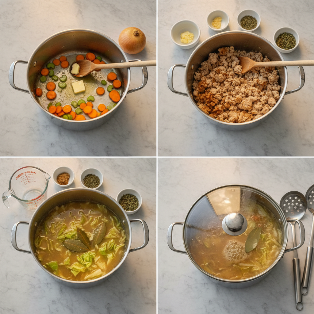 stuffed-cabbage-soup-ground-turkey-prep Chopped vegetables and ground turkey being prepared for stuffed cabbage soup.