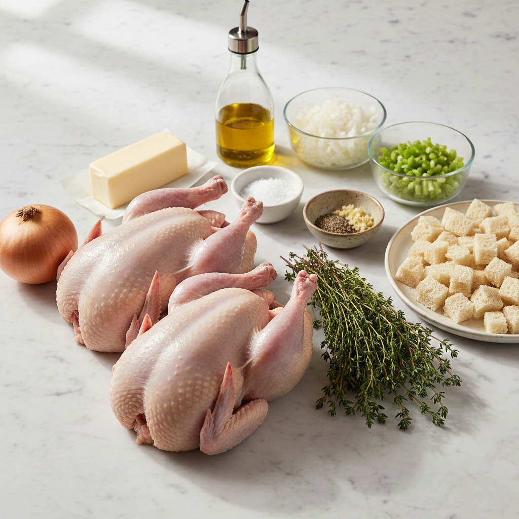 stuffed-cornish-hens-thanksgiving-easy-ingredients All the fresh ingredients for easy stuffed cornish hens, including herbs and vegetables.