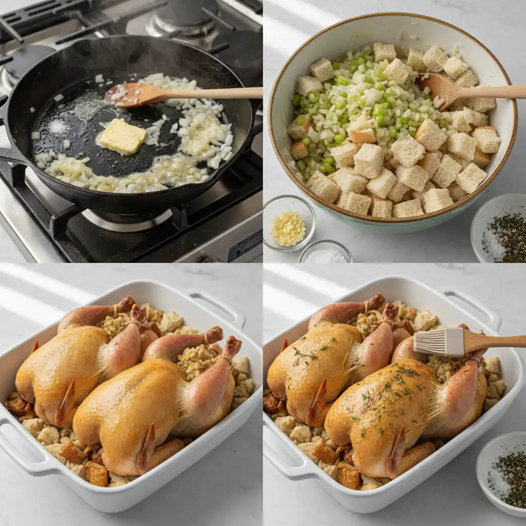 stuffed-cornish-hens-thanksgiving-easy-prep Hands preparing easy stuffed cornish hens for Thanksgiving, stuffing the birds with herbs.