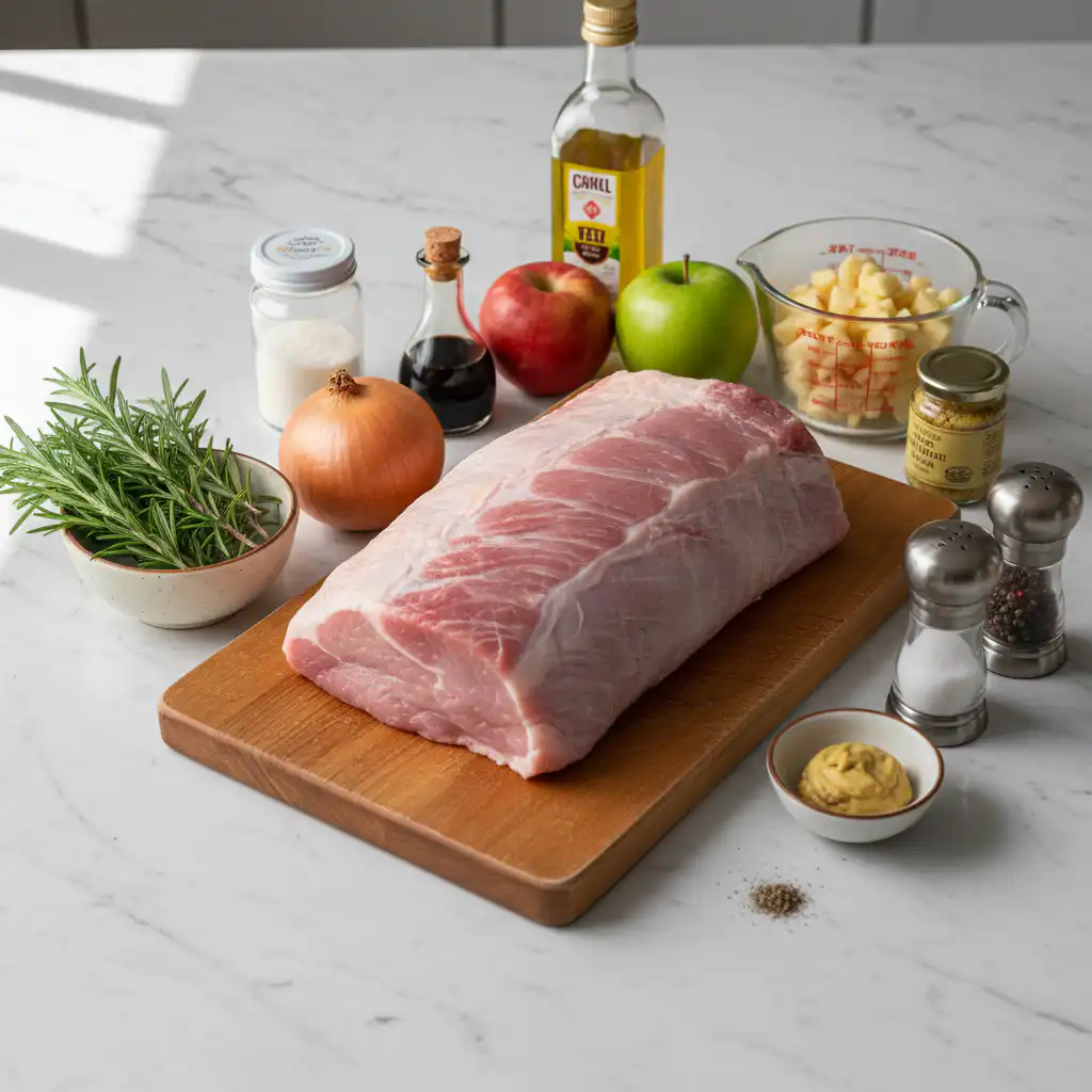 stuffed-pork-loin-thanksgiving-with-apple-ingredients Ingredients for stuffed pork loin thanksgiving with apple including pork, apples, breadcrumbs, and herbs.