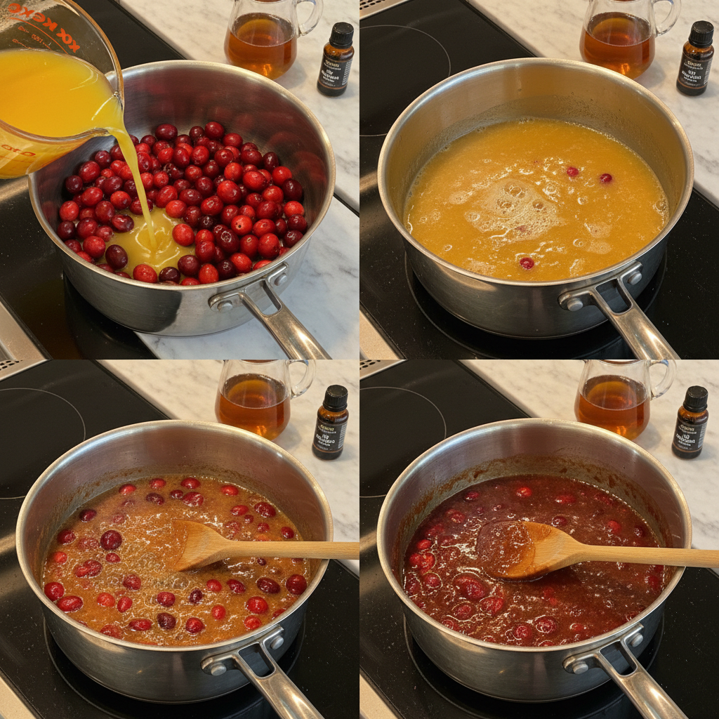 Stirring sugar-free homemade orange cranberry sauce as it simmers.