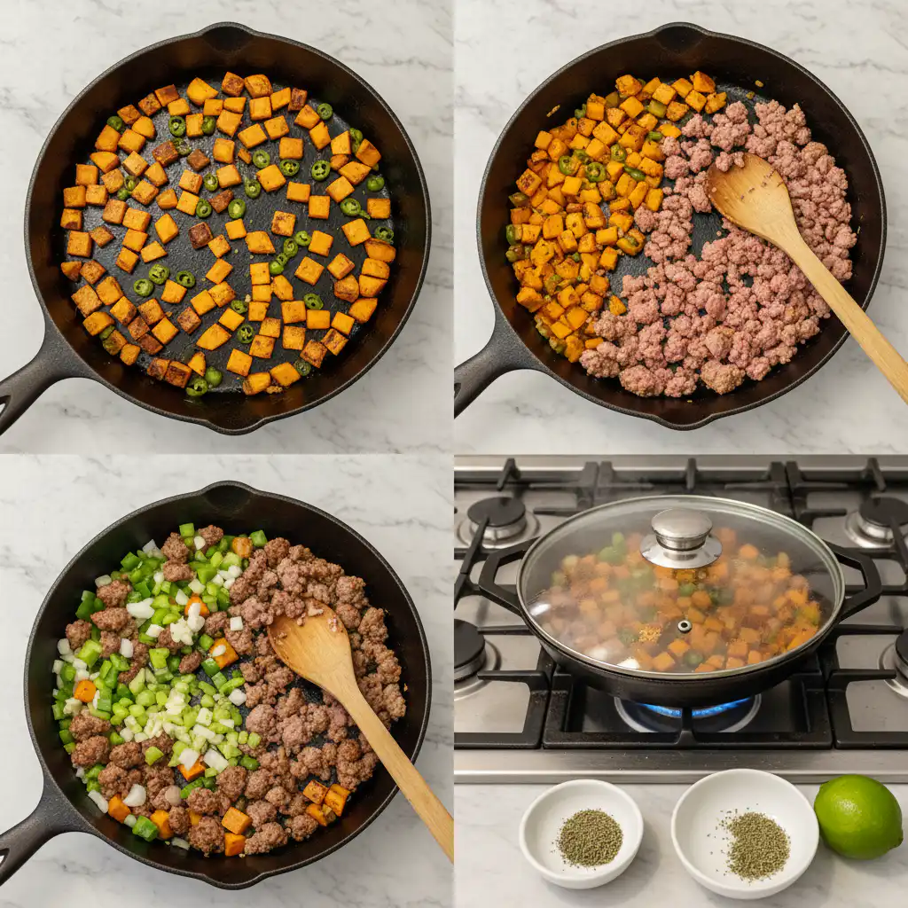 Sizzling sweet potato and sausage mixture cooking in a cast iron skillet, an easy recipe.