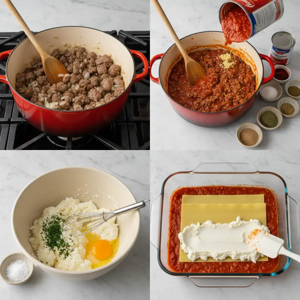 Assembling an easy make ahead thanksgiving lasagna layer by layer.