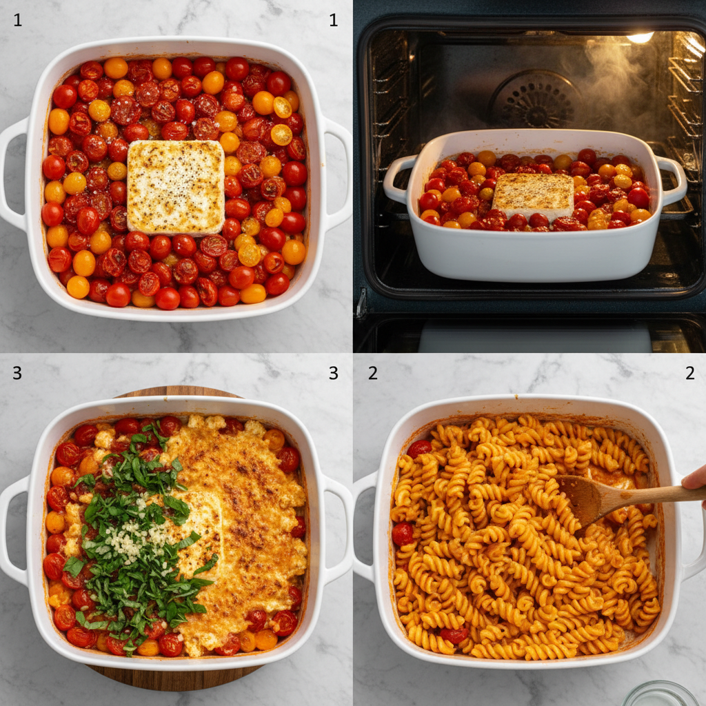 tomato-feta-pasta-bake-easy-prep Preparing the easy tomato feta pasta bake by layering ingredients in a baking dish.