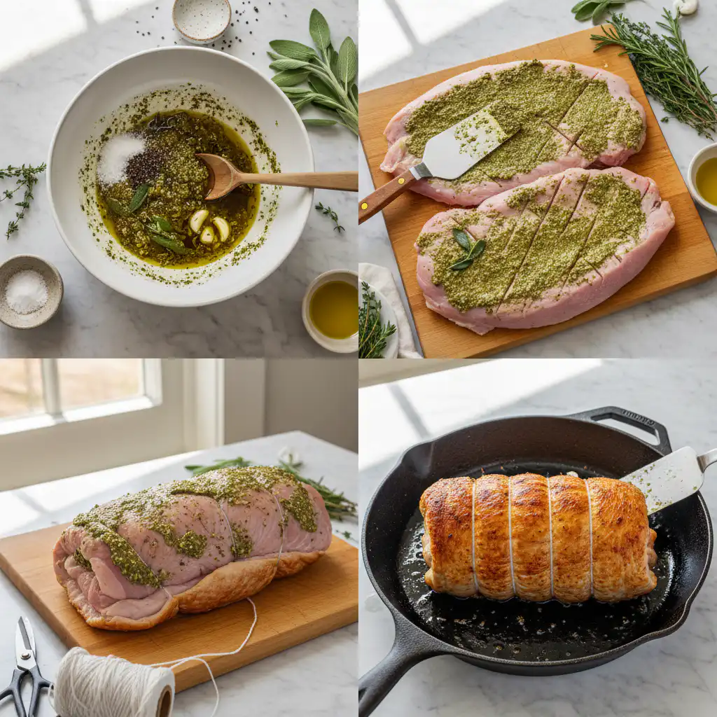 Hands carefully rolling a flattened turkey breast filled with a herb mixture for turkey roulade.