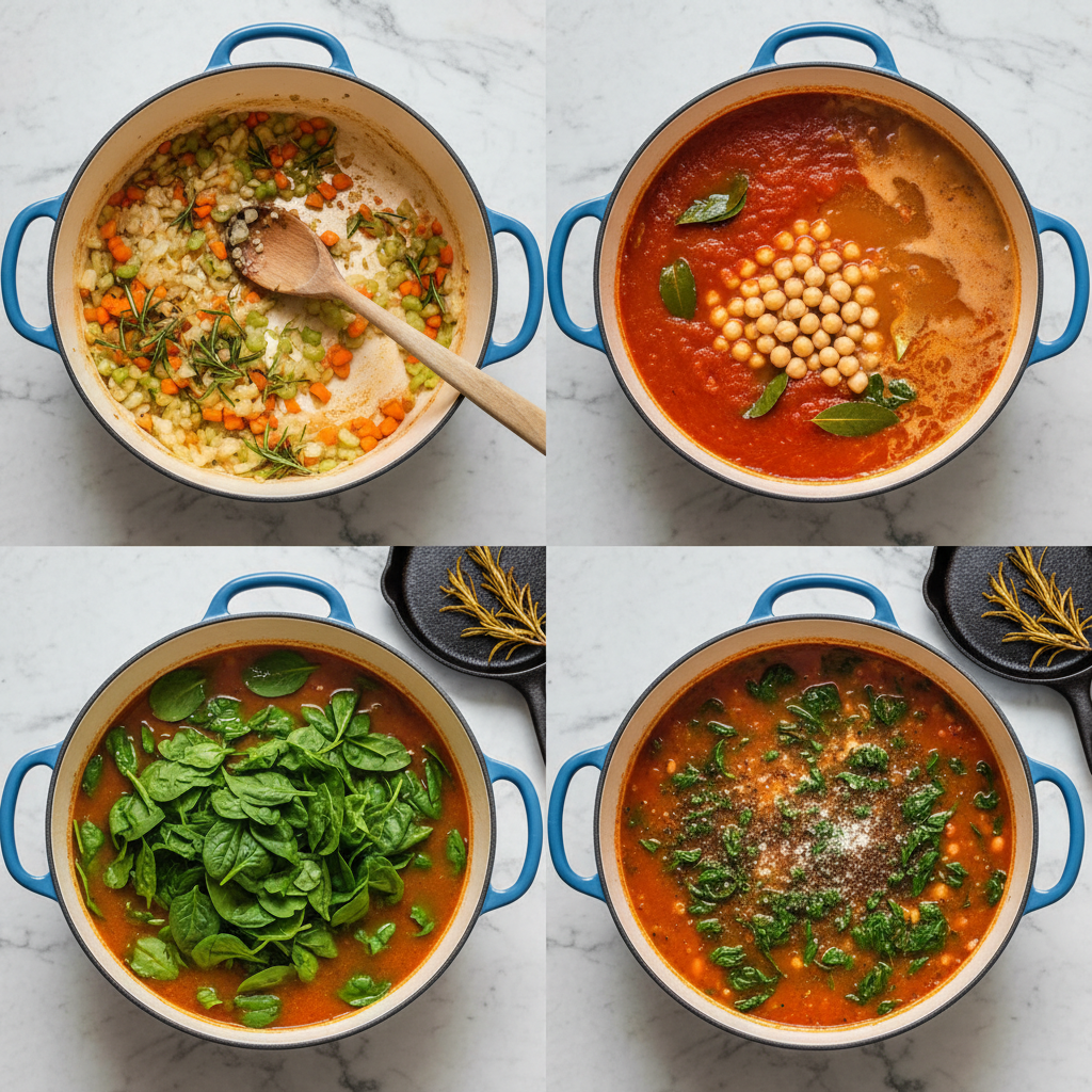 Chopping vegetables and herbs for tuscan chickpea soup with rosemary