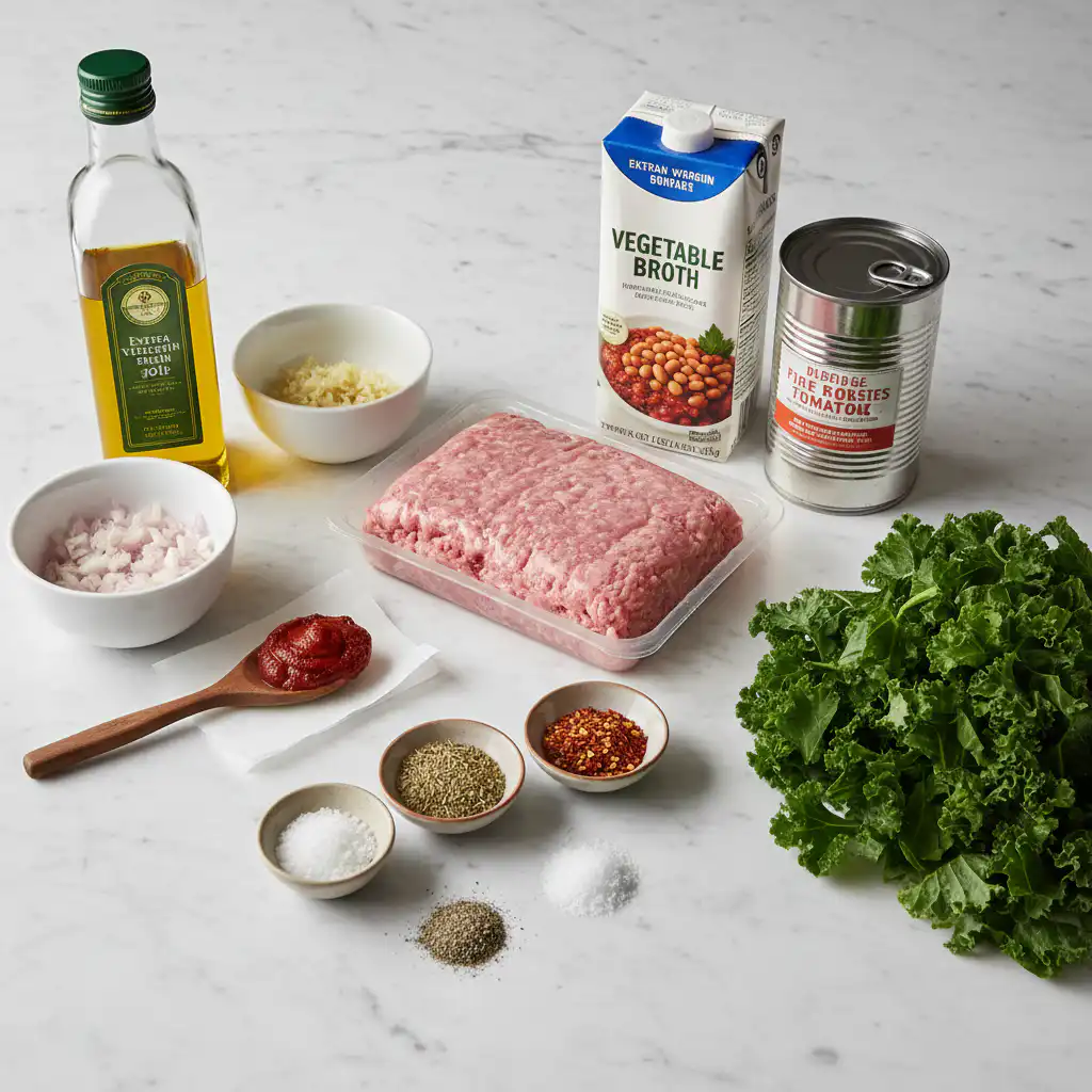 Fresh ingredients for tuscan white bean turkey skillet including herbs, beans, and ground turkey.