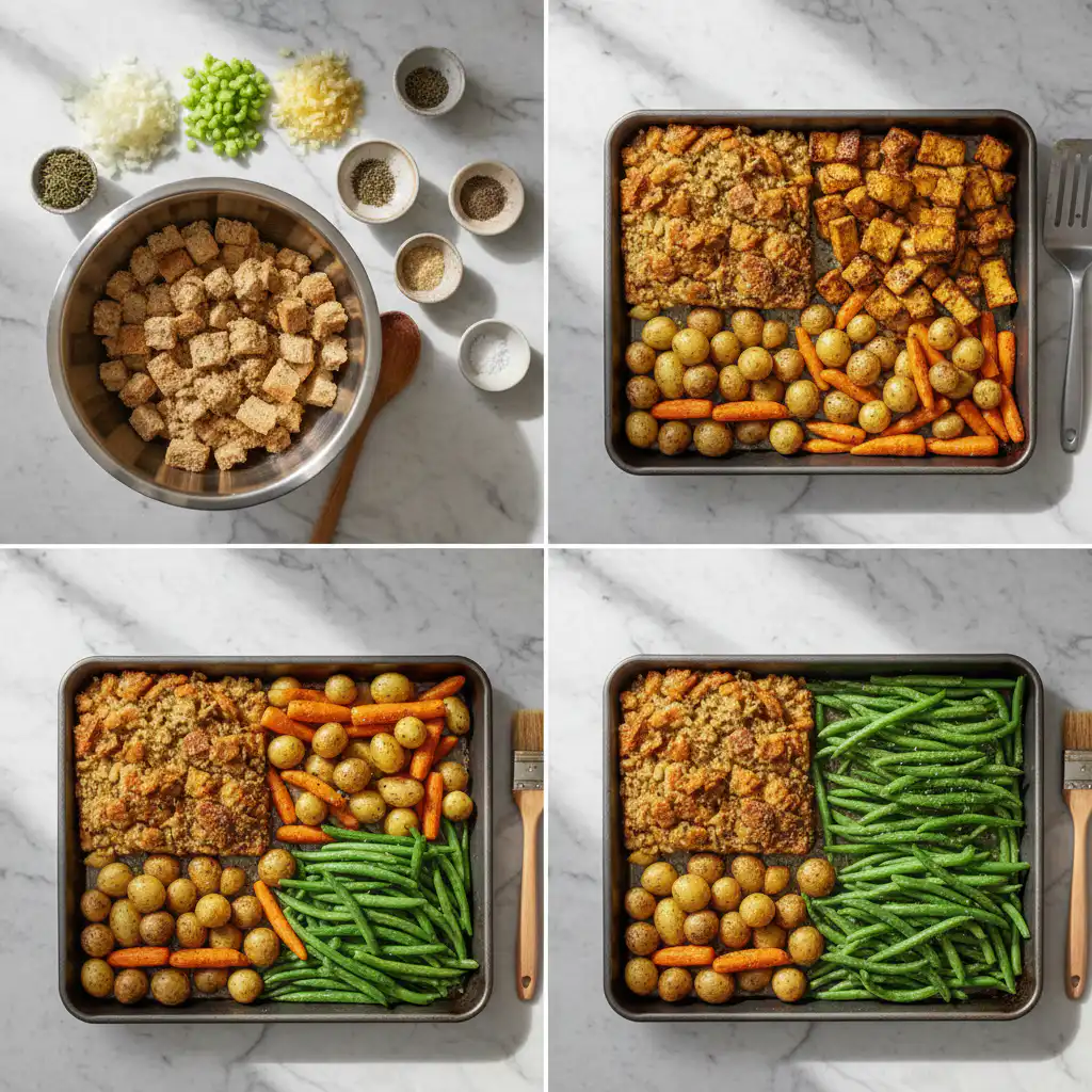 vegan-sheet-pan-thanksgiving-dinner-prep Chopped vegetables and marinated tofu being arranged on a baking sheet for a vegan sheet pan Thanksgiving dinner.