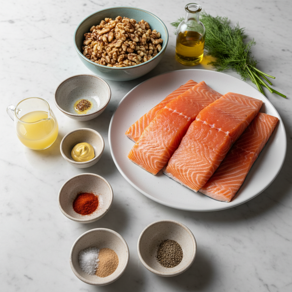walnut-crusted-salmon-ingredients Fresh ingredients for walnut crusted salmon with lemon dill sauce, including salmon fillets, walnuts, lemon, and fresh dill.