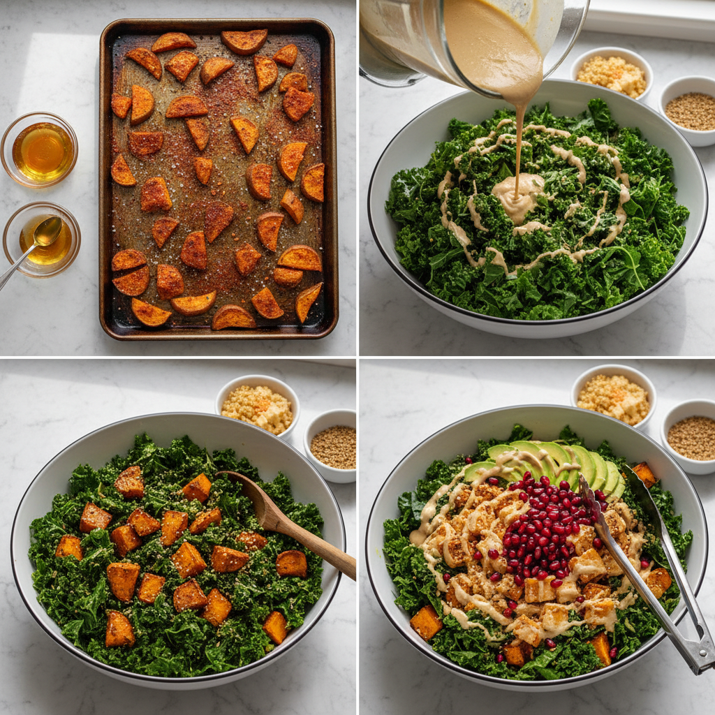 Hands preparing warm roasted sweet potato salad with tahini, tossing cubes of tender sweet potato with a creamy tahini dressing.