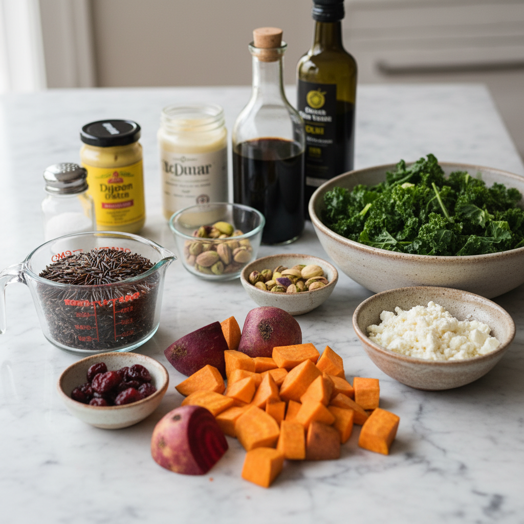 wild-rice-and-roasted-vegetable-harvest-bowl-ingredients A colorful assortment of fresh ingredients for wild rice and roasted vegetable harvest bowl, including colorful bell peppers, sweet potatoes, and grains.