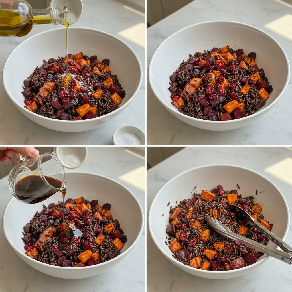 wild-rice-and-roasted-vegetable-harvest-bowl-prep Chopped sweet potatoes and Brussels sprouts being tossed with olive oil and herbs for a wild rice and roasted vegetable harvest bowl.